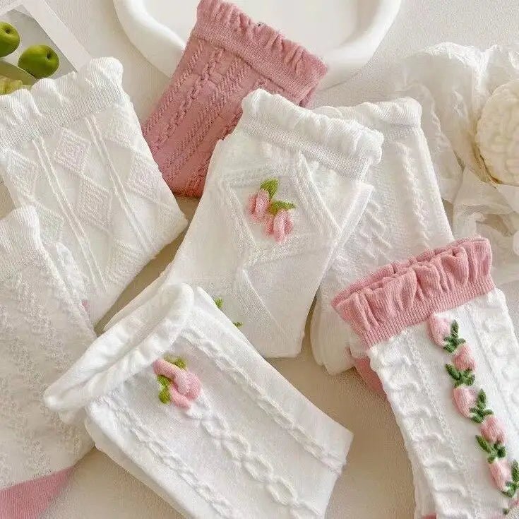 Textured Angelic Socks with Knit Detailing and Rosebud Embellishments - Cosparty