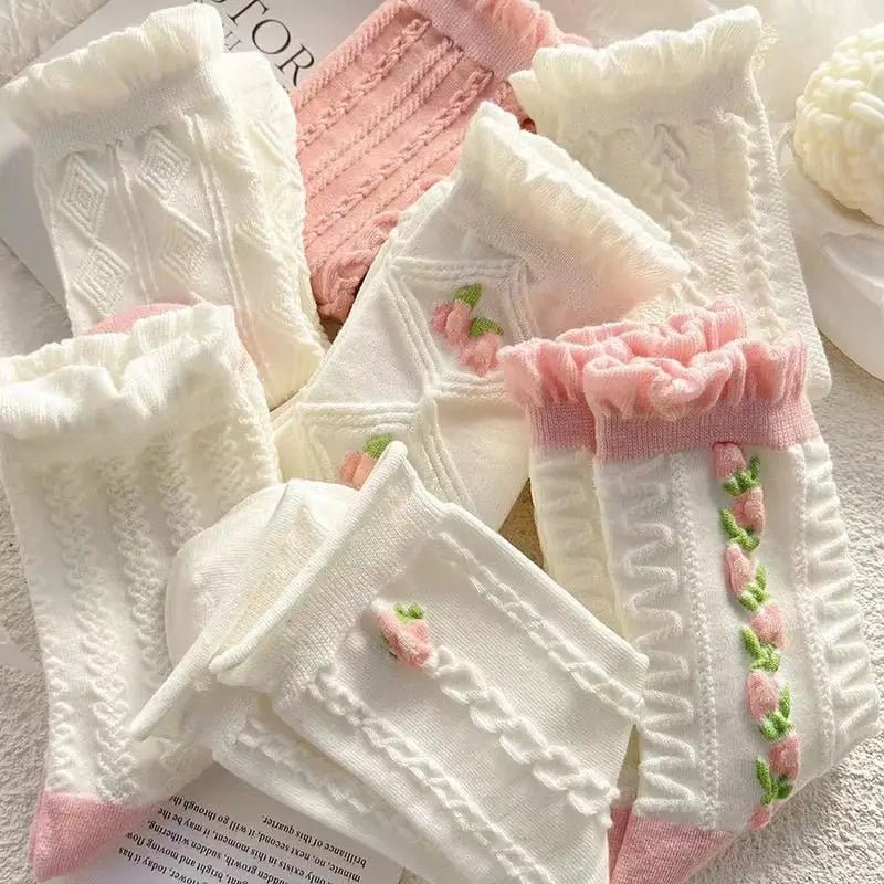 Textured Angelic Socks with Knit Detailing and Rosebud Embellishments - Cosparty