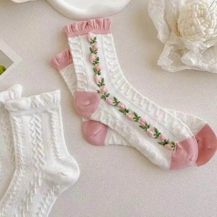 Textured Angelic Socks with Knit Detailing and Rosebud Embellishments - Cosparty