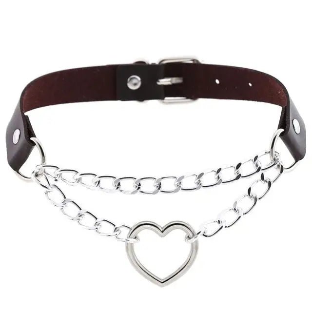 Thick Vegan Leather Chained Heart Choker Necklace - Cosparty