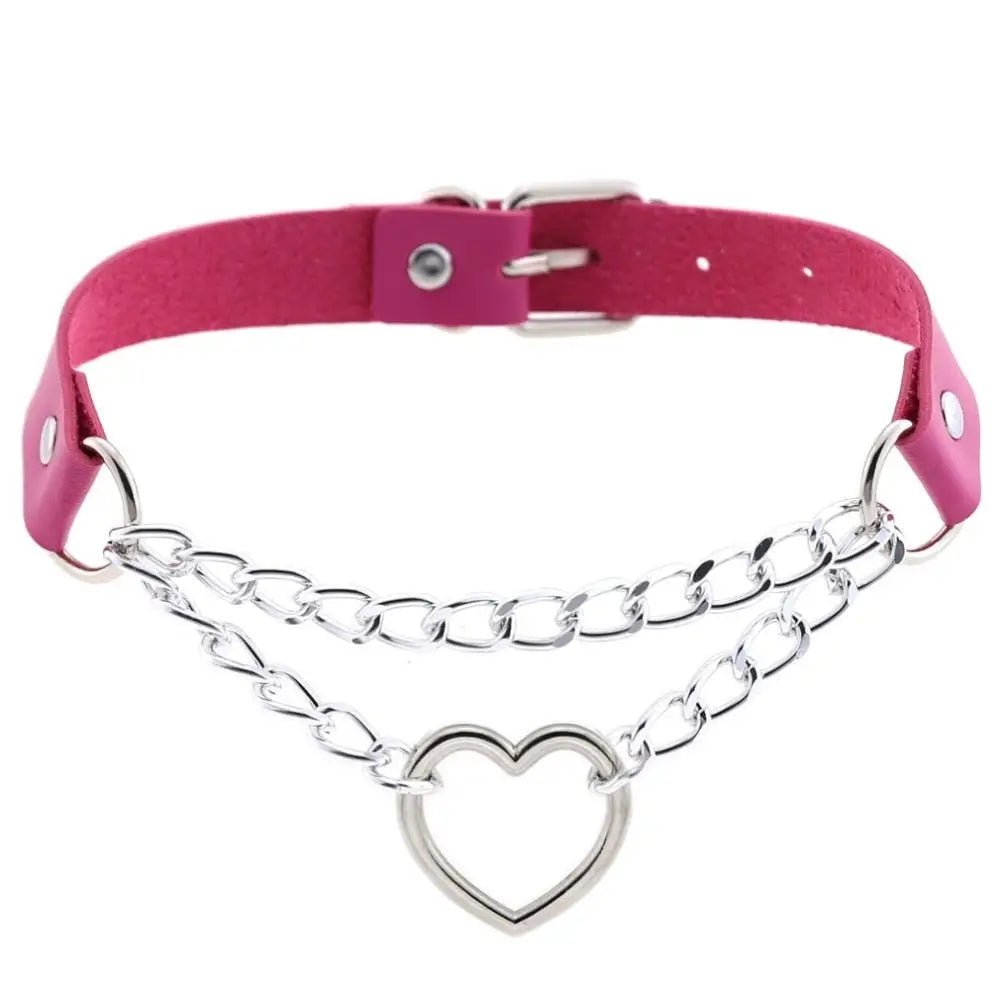 Thick Vegan Leather Chained Heart Choker Necklace - Cosparty