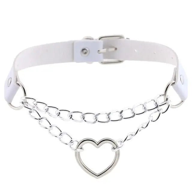 Thick Vegan Leather Chained Heart Choker Necklace - Cosparty