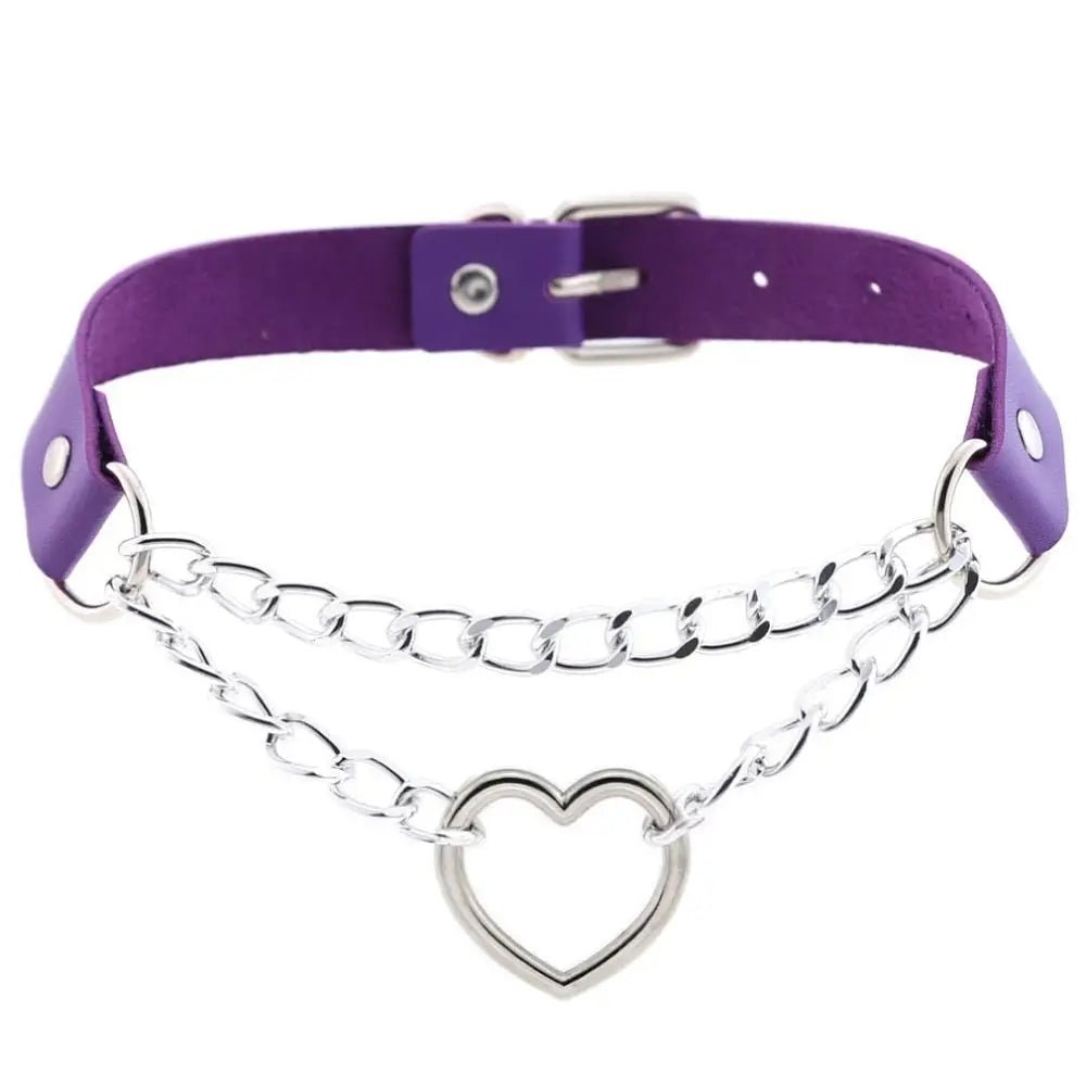 Thick Vegan Leather Chained Heart Choker Necklace - Cosparty