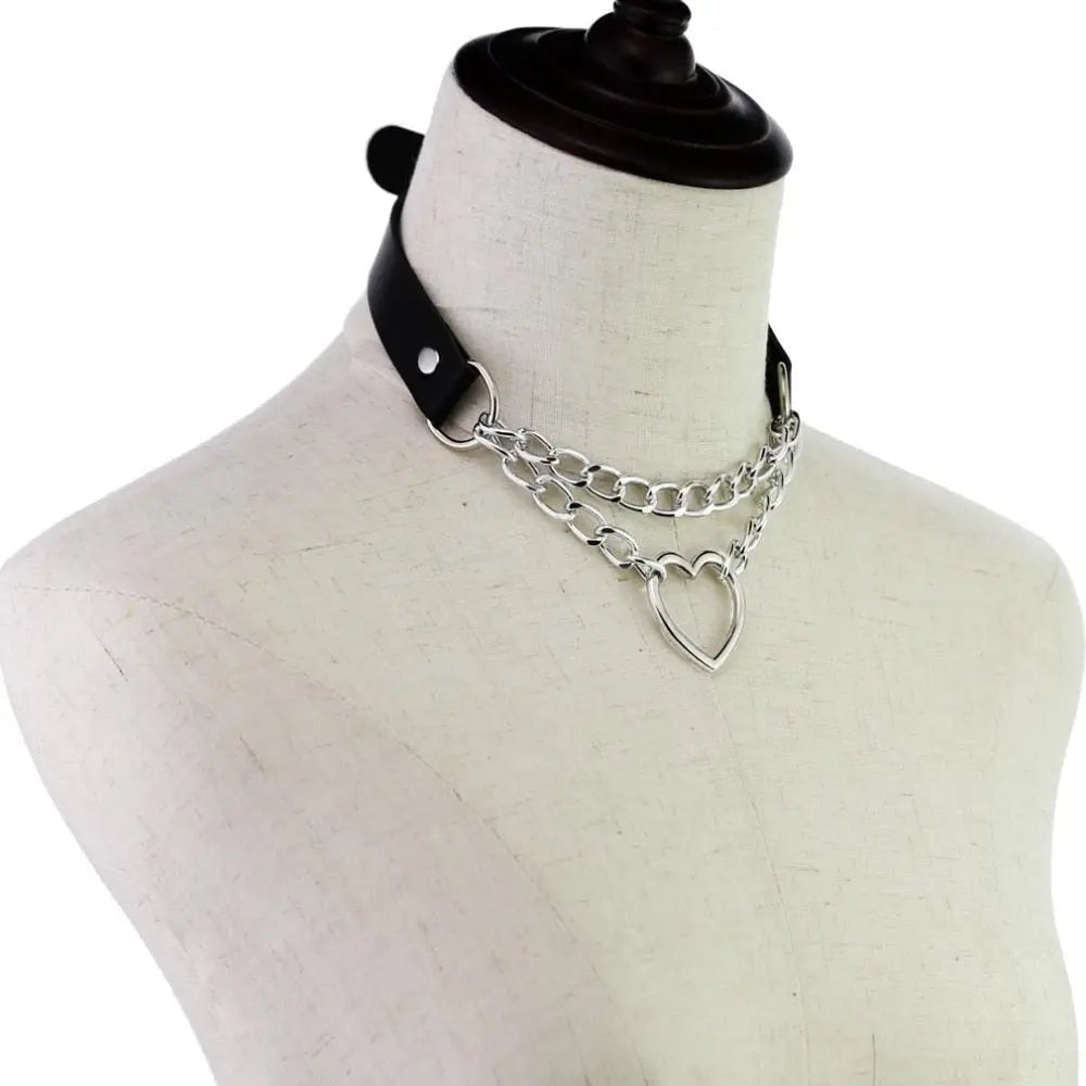 Thick Vegan Leather Chained Heart Choker Necklace - Cosparty