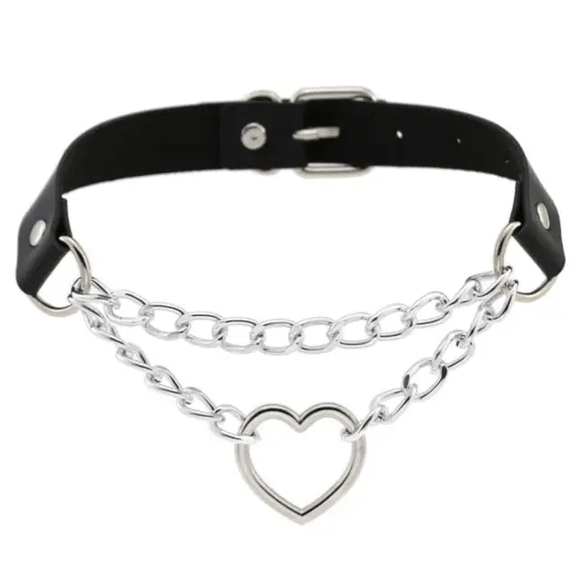 Thick Vegan Leather Chained Heart Choker Necklace - Cosparty