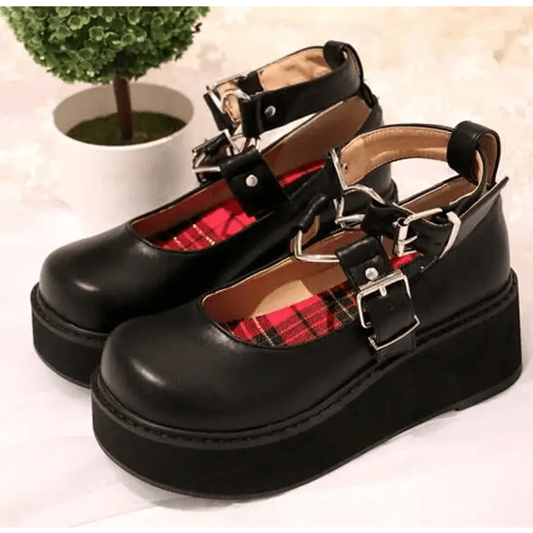 Traditional Lolita Low - Heel Platform Wedge with Tartan Plaid Interior - Cosparty