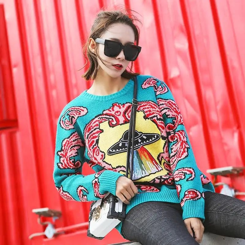 UFO Spaceship Inspired Knitted Crewneck Sweatshirt - Cosparty