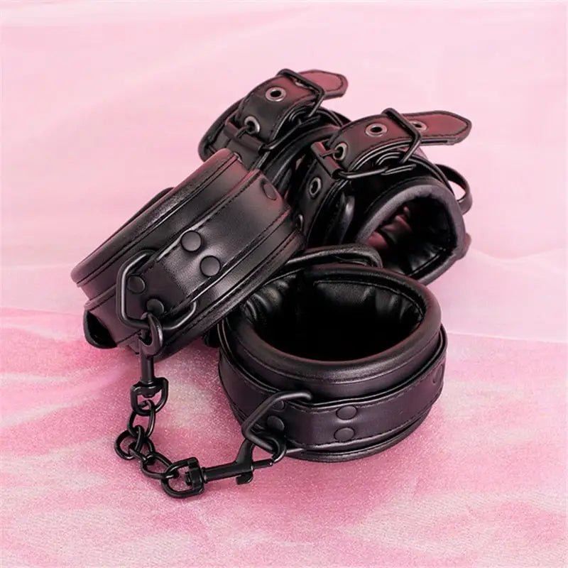 Vegan Leather Handcuffs and Leash Set for Dominant Submissive Play - Cosparty