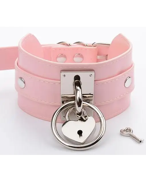 Vegan Leather Heart Locket Choker Necklace in Gold or Silver - Pink & Silver - choker