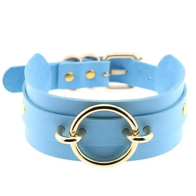Vegan Leather O - Ring Choker Necklace with Gold Plated Hardware - Cosparty