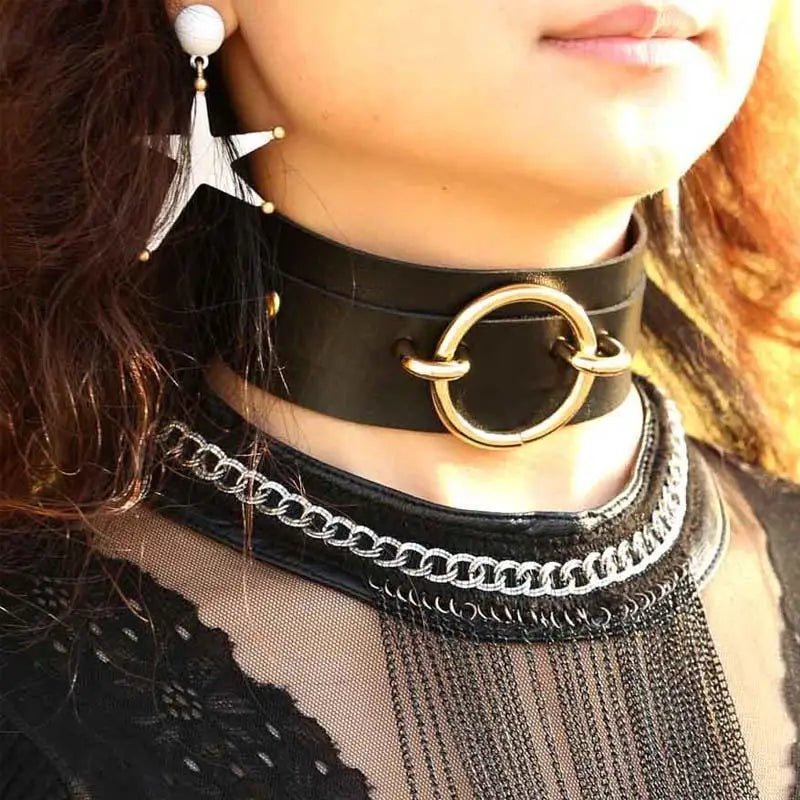 Vegan Leather O - Ring Choker Necklace with Gold Plated Hardware - Cosparty