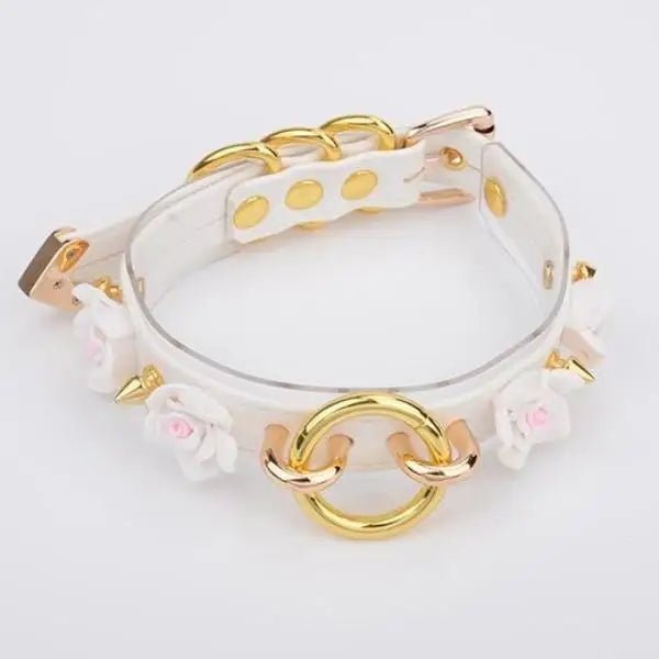 Vegan Leather O - Ring Floral Choker Necklace in Silver or Gold - Cosparty