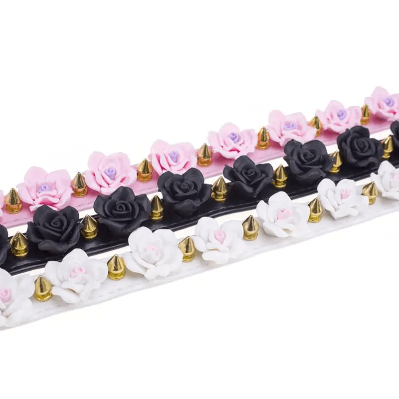 Vegan Leather Spiky Floral Choker Necklace in Silver or Gold - Cosparty