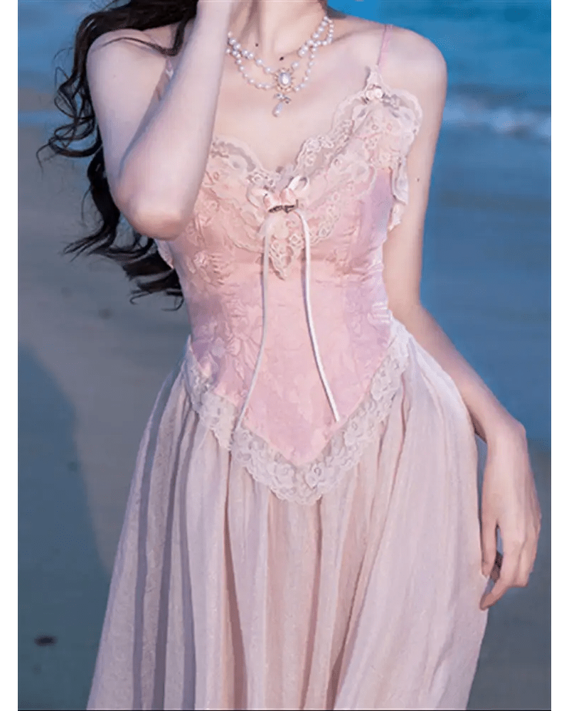 Velvet Baby Pink Tank Top with Lace and Rosebud Details - Cosparty