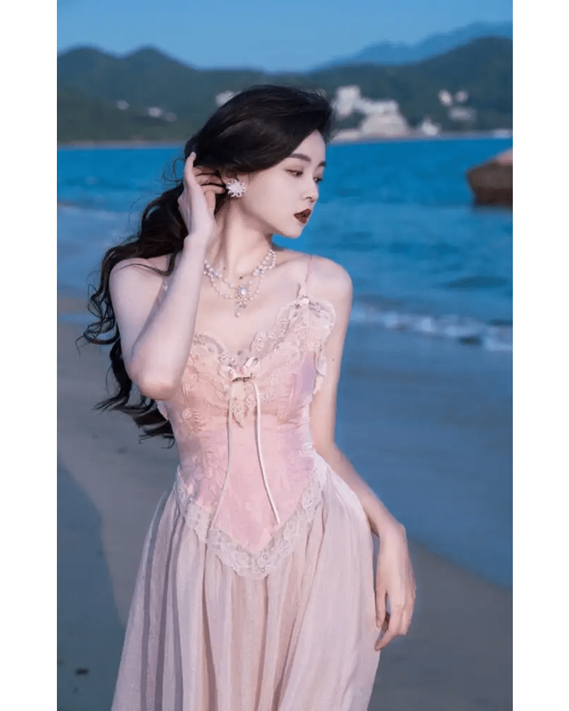 Velvet Baby Pink Tank Top with Lace and Rosebud Details - Cosparty