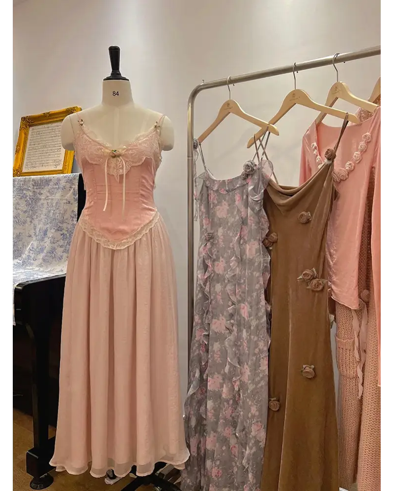 Velvet Baby Pink Tank Top with Lace and Rosebud Details - shirt