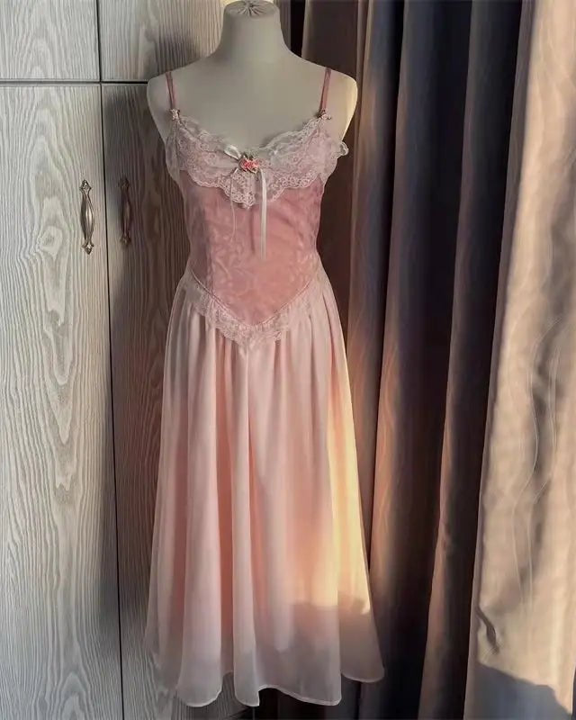 Velvet Baby Pink Tank Top with Lace and Rosebud Details - Cosparty