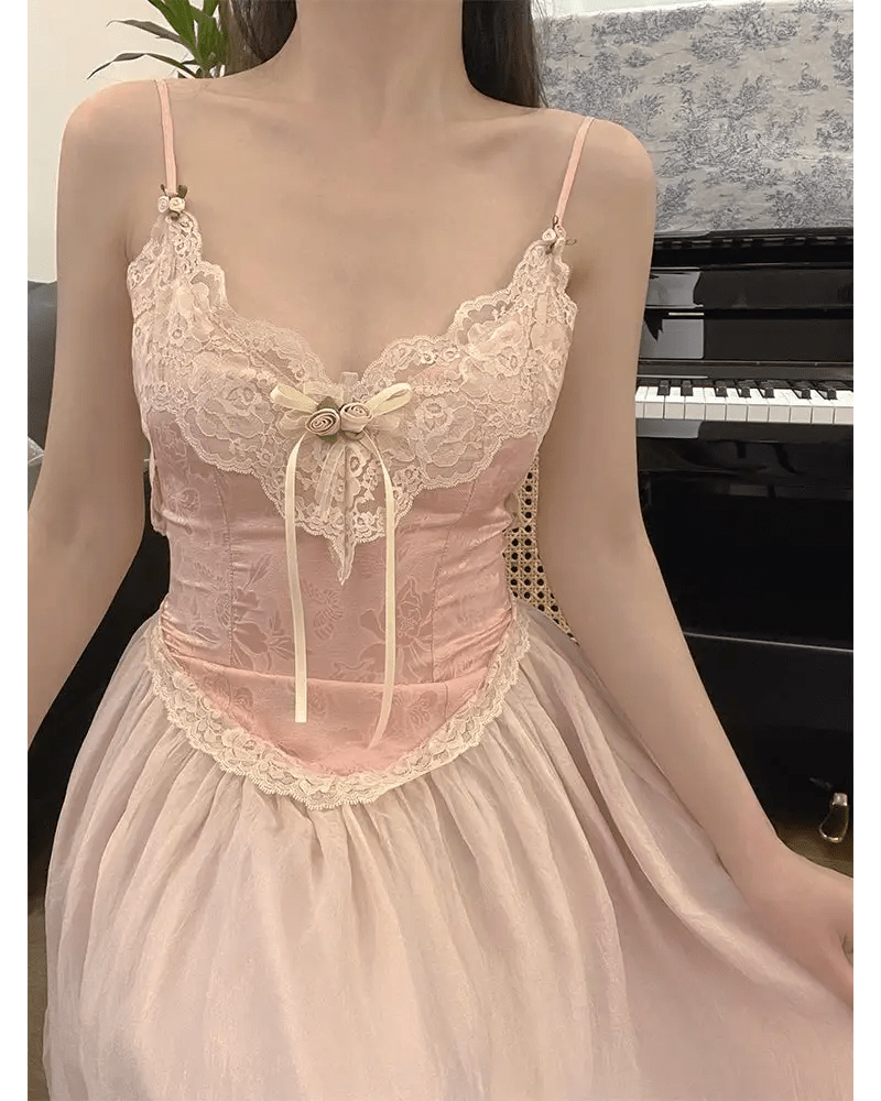 Velvet Baby Pink Tank Top with Lace and Rosebud Details - Cosparty