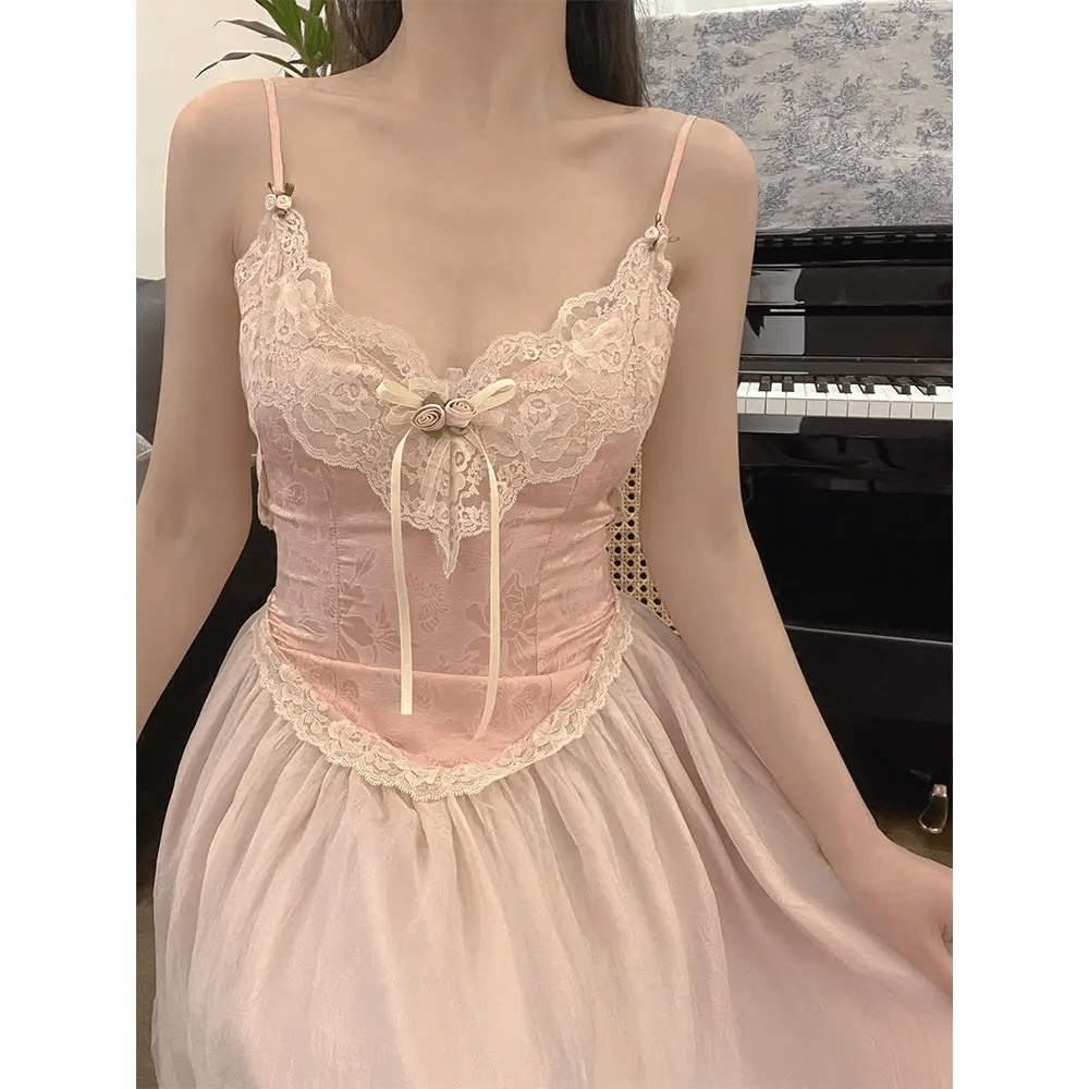 Velvet Baby Pink Tank Top with Lace and Rosebud Details - Cosparty