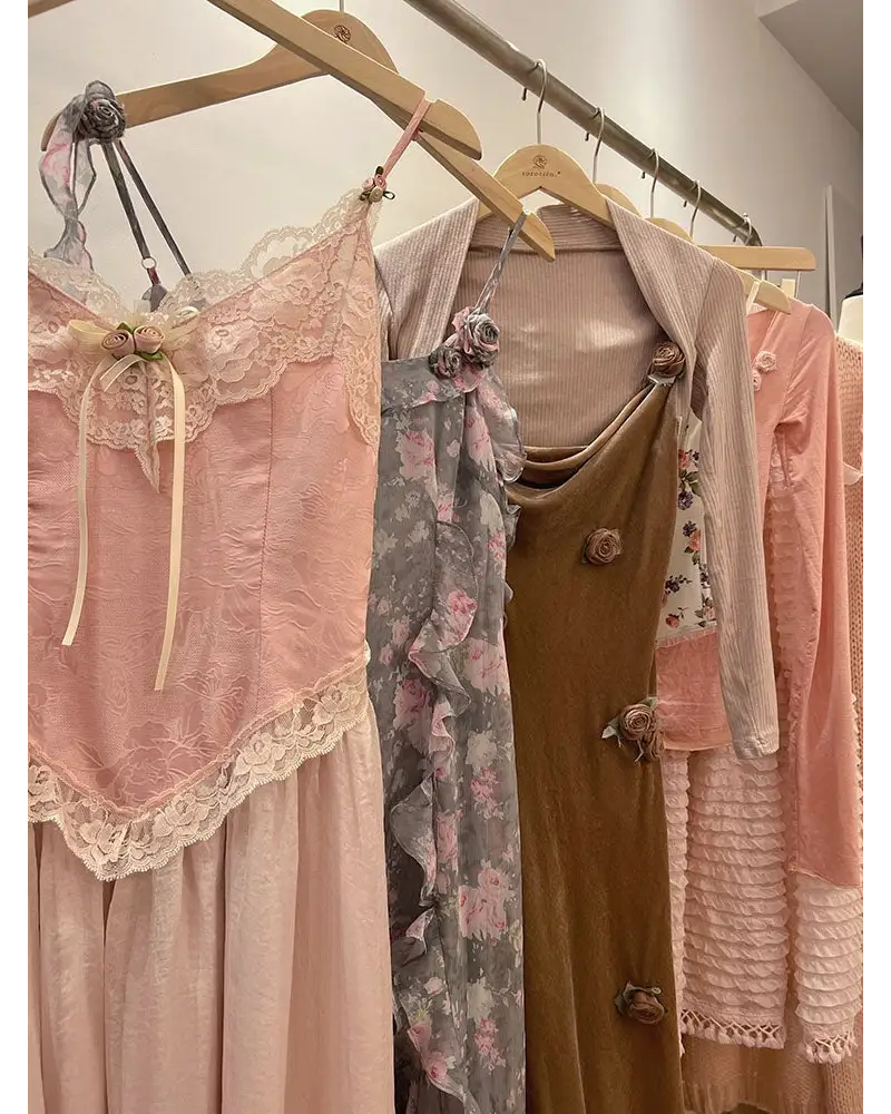 Velvet Baby Pink Tank Top with Lace and Rosebud Details - shirt