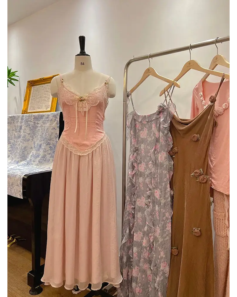 Velvet Baby Pink Tank Top with Lace and Rosebud Details - shirt