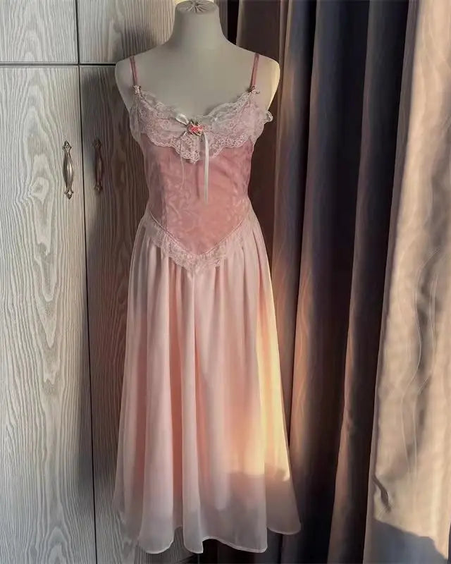 Velvet Baby Pink Tank Top with Lace and Rosebud Details - shirt