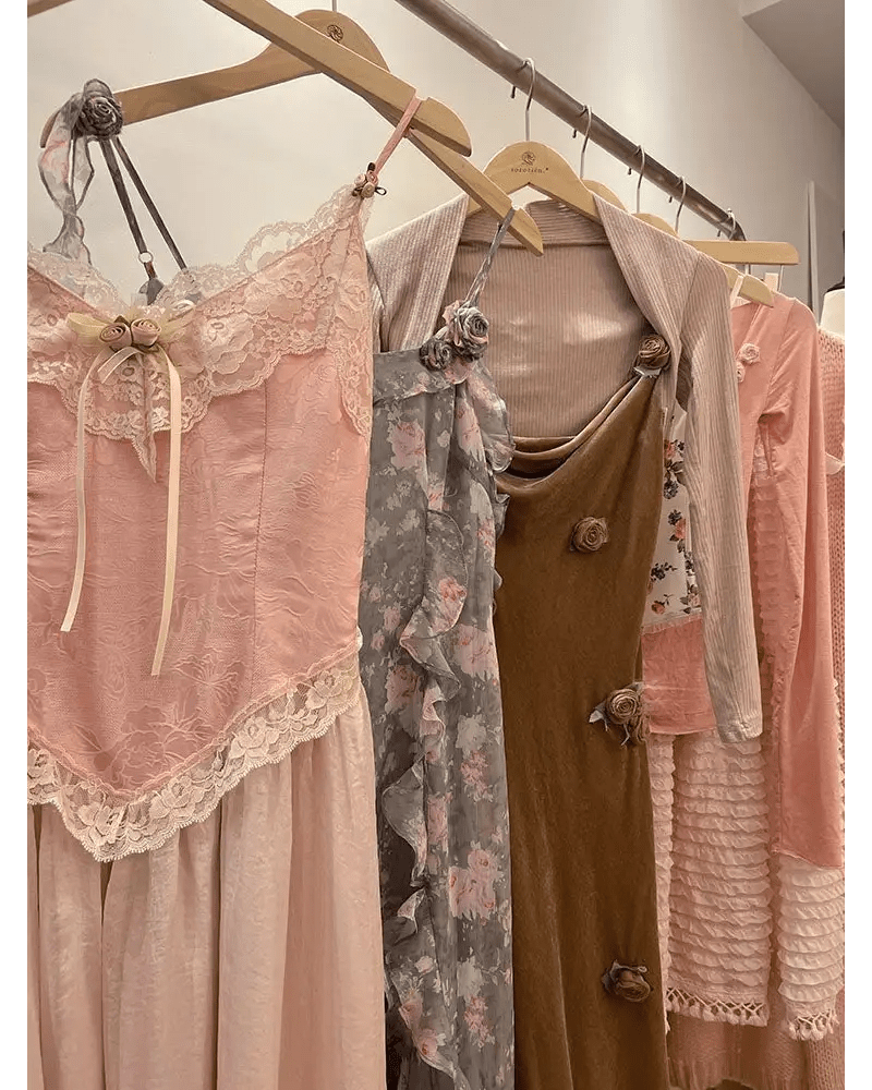 Velvet Baby Pink Tank Top with Lace and Rosebud Details - Cosparty