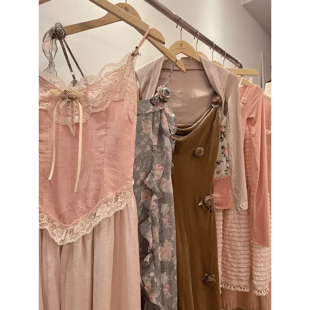 Velvet Baby Pink Tank Top with Lace and Rosebud Details - Cosparty