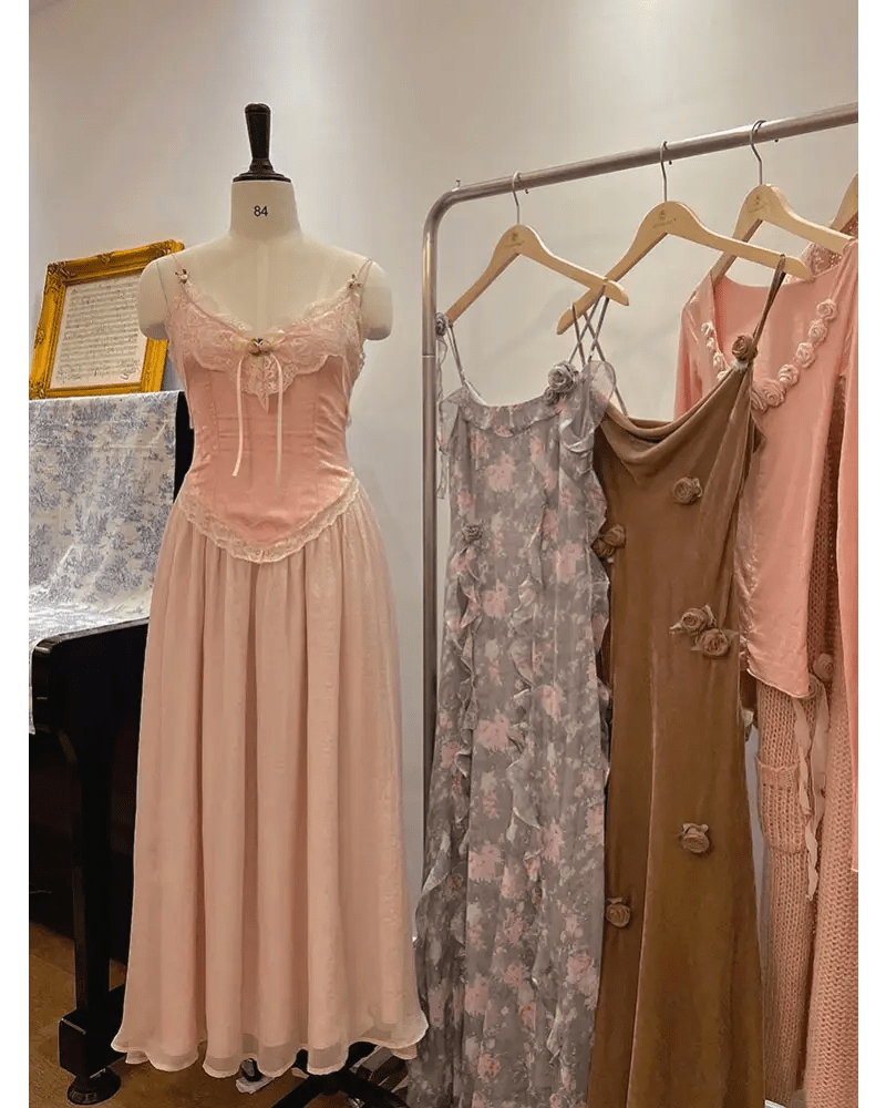 Velvet Baby Pink Tank Top with Lace and Rosebud Details - Cosparty