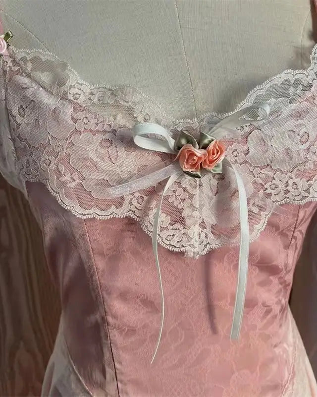 Velvet Baby Pink Tank Top with Lace and Rosebud Details - shirt