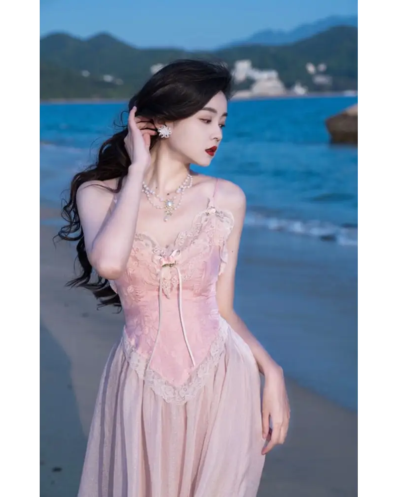 Velvet Baby Pink Tank Top with Lace and Rosebud Details - shirt