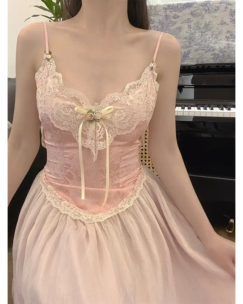 Velvet Baby Pink Tank Top with Lace and Rosebud Details - shirt