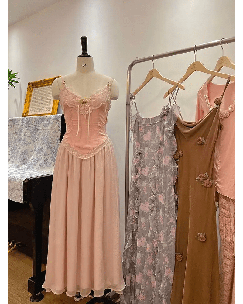 Velvet Baby Pink Tank Top with Lace and Rosebud Details - Cosparty