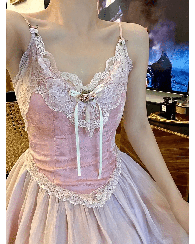 Velvet Baby Pink Tank Top with Lace and Rosebud Details - Cosparty