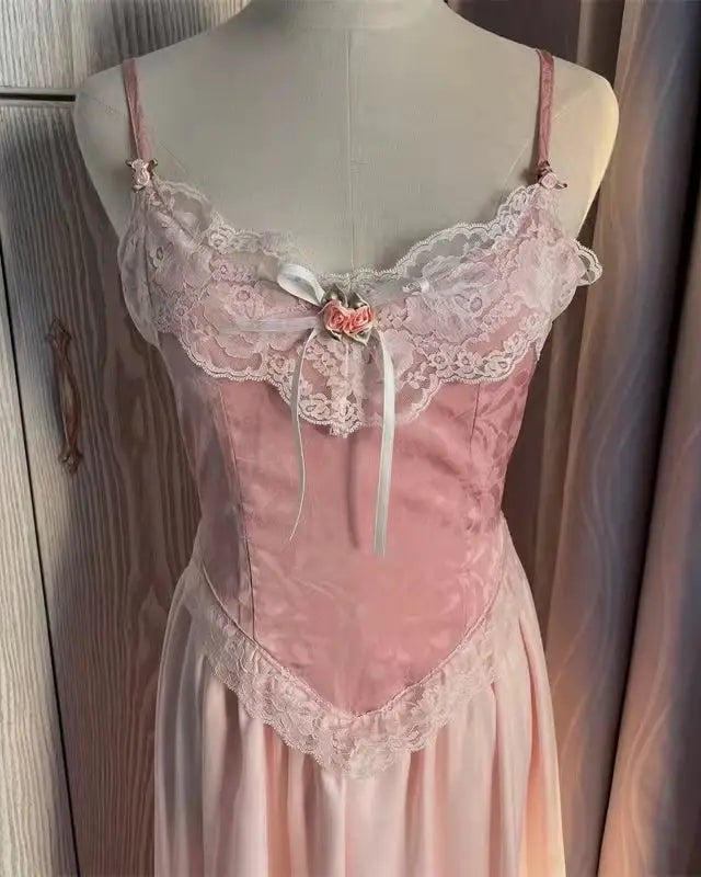 Velvet Baby Pink Tank Top with Lace and Rosebud Details - shirt