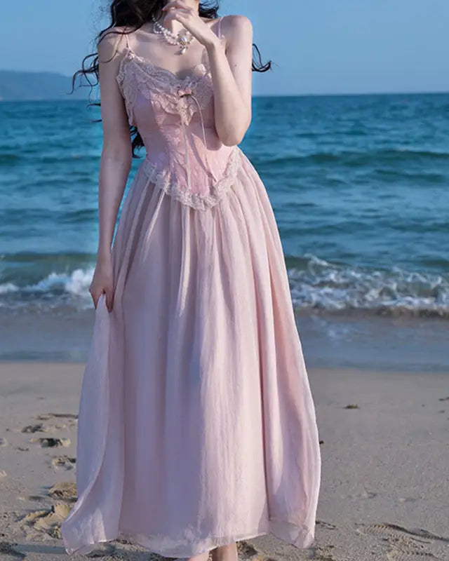 Velvet Baby Pink Tank Top with Lace and Rosebud Details - shirt