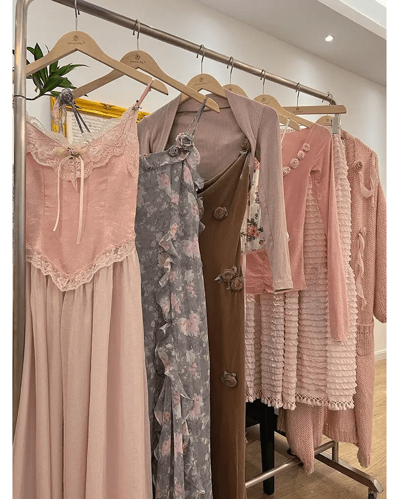 Velvet Baby Pink Tank Top with Lace and Rosebud Details - Cosparty