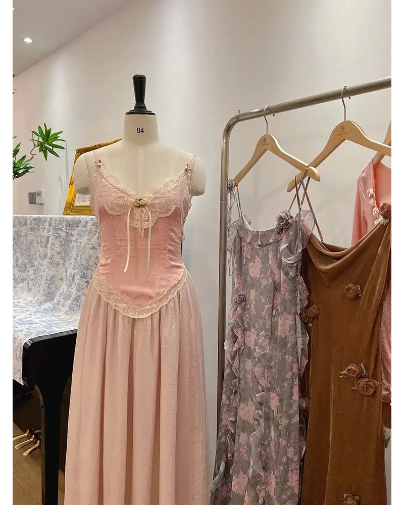 Velvet Baby Pink Tank Top with Lace and Rosebud Details - shirt