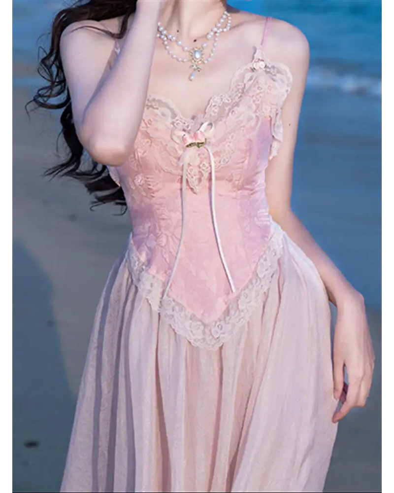 Velvet Baby Pink Tank Top with Lace and Rosebud Details - shirt