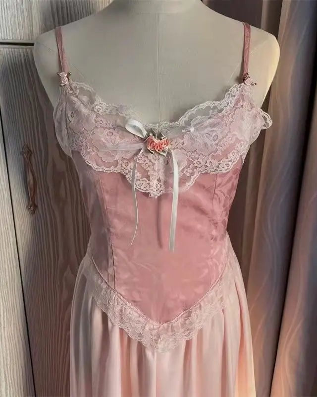 Velvet Baby Pink Tank Top with Lace and Rosebud Details - Cosparty