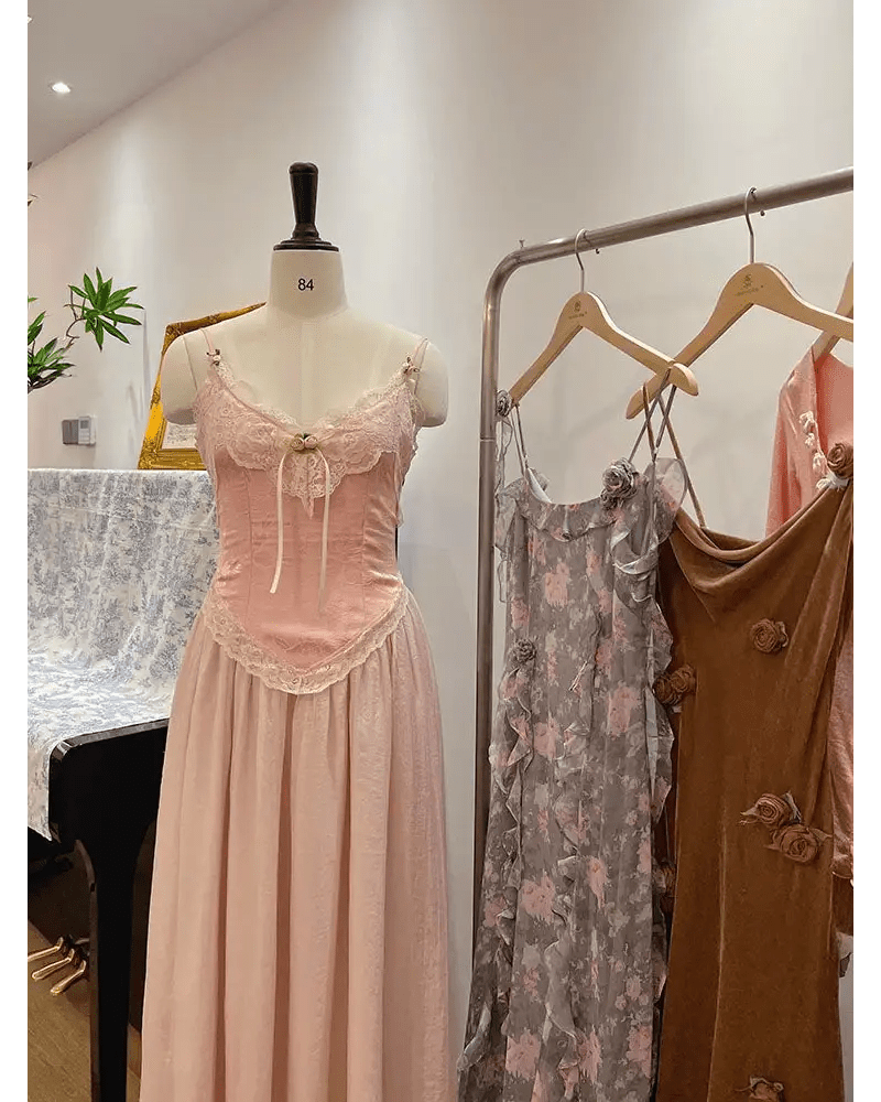 Velvet Baby Pink Tank Top with Lace and Rosebud Details - Cosparty