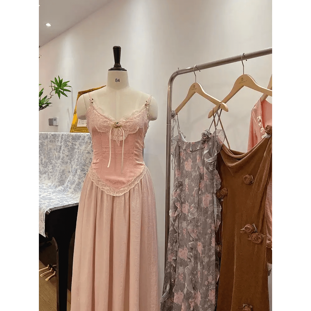 Velvet Baby Pink Tank Top with Lace and Rosebud Details - Cosparty