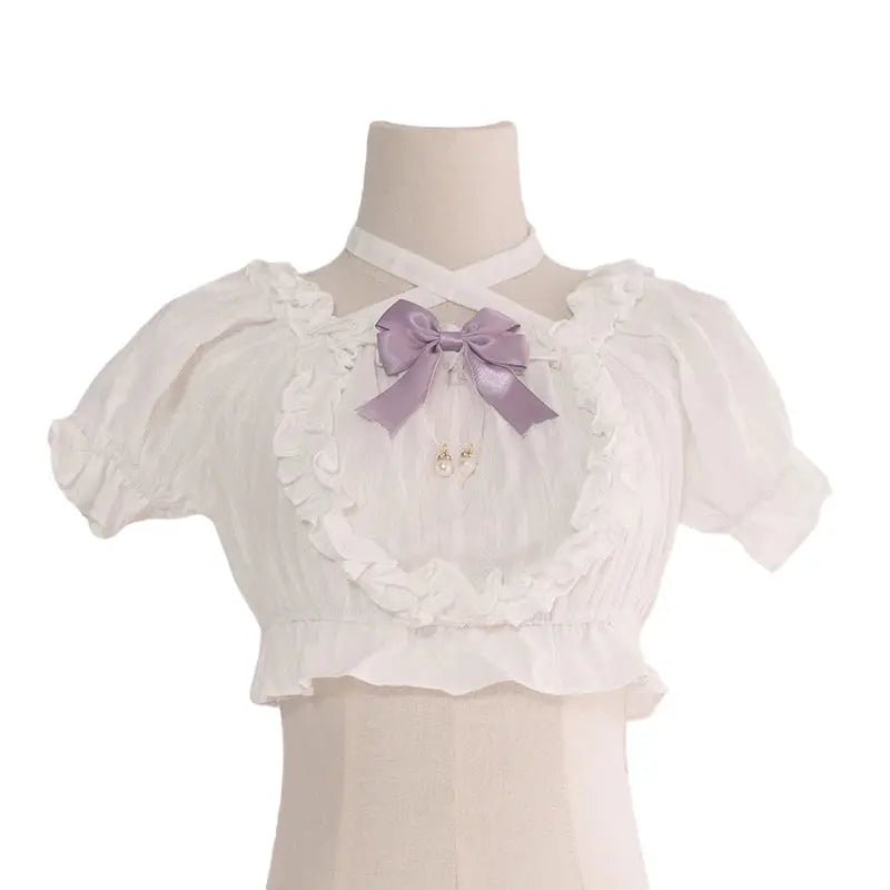 Victorian Era Regal Bow Cropped Blouse with Elegant Details - Cosparty