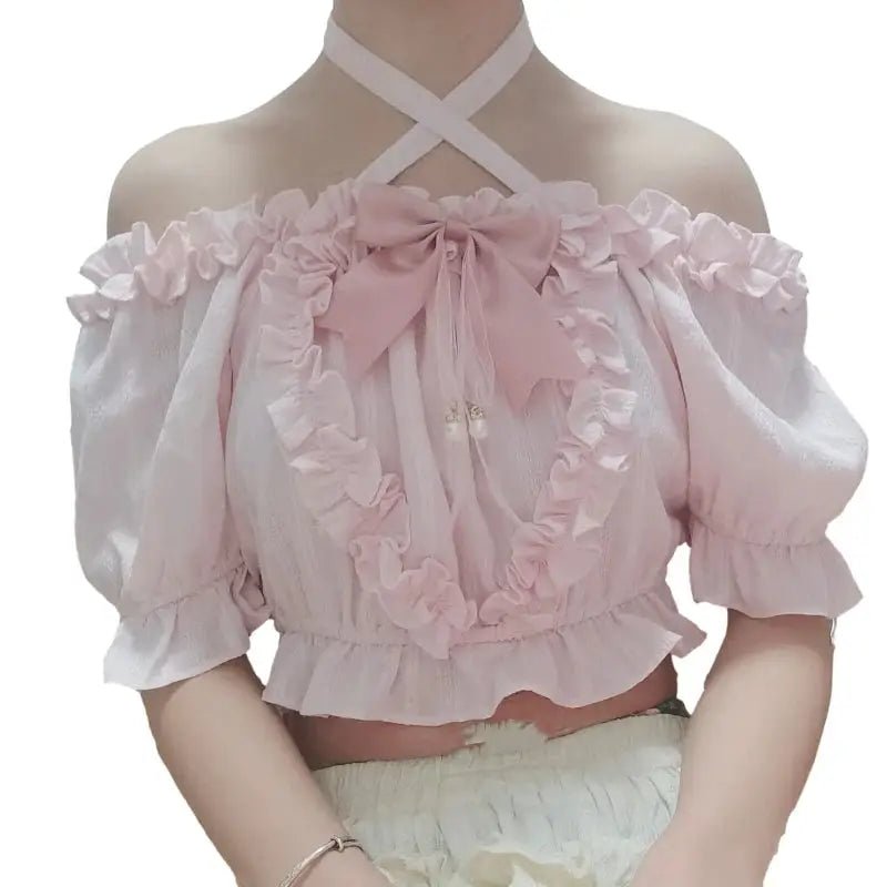 Victorian Era Regal Bow Cropped Blouse with Elegant Details - Cosparty