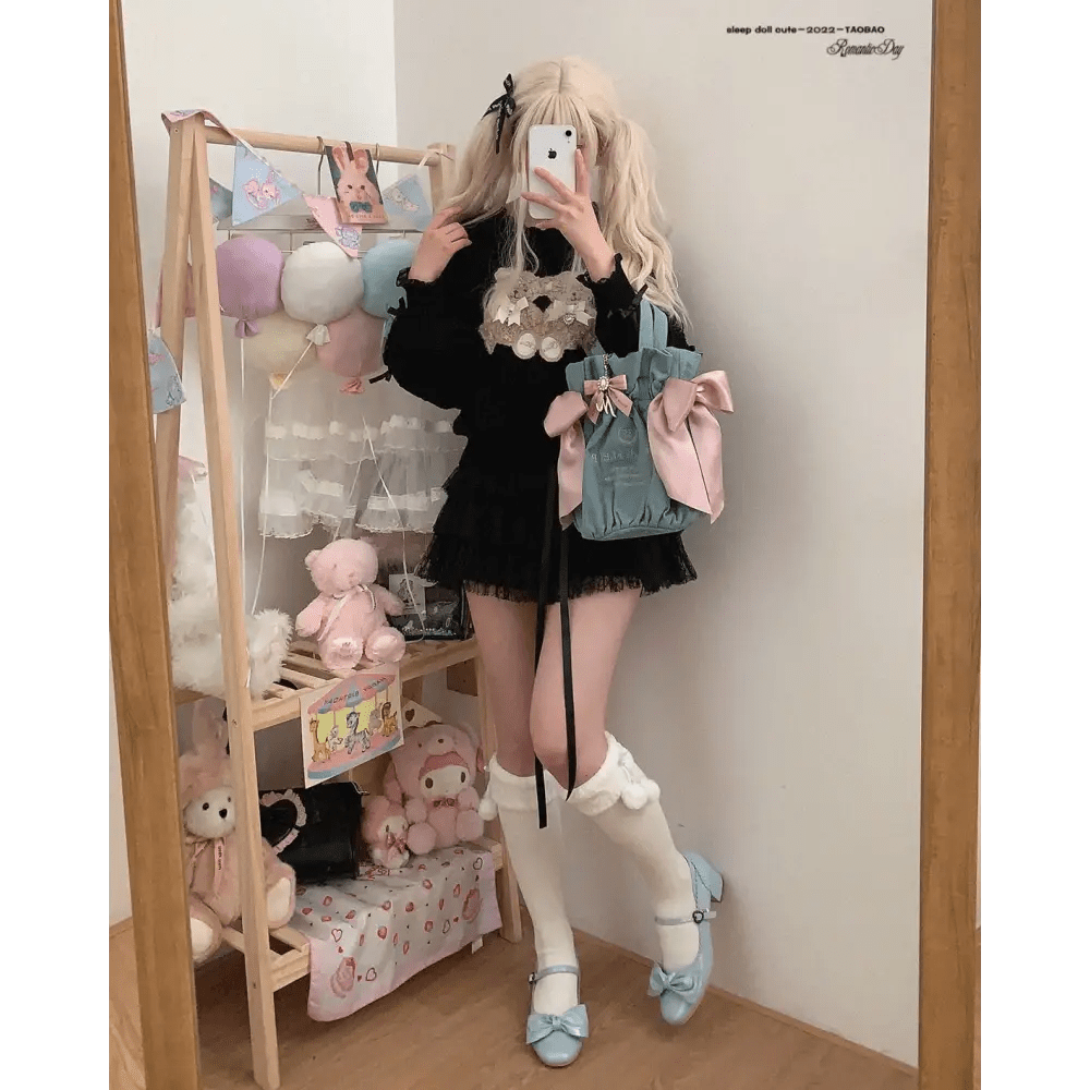 Vintage Teddy Bear Knit Sweater with Silk Ribbons and Pearl Details 58cm - Cosparty