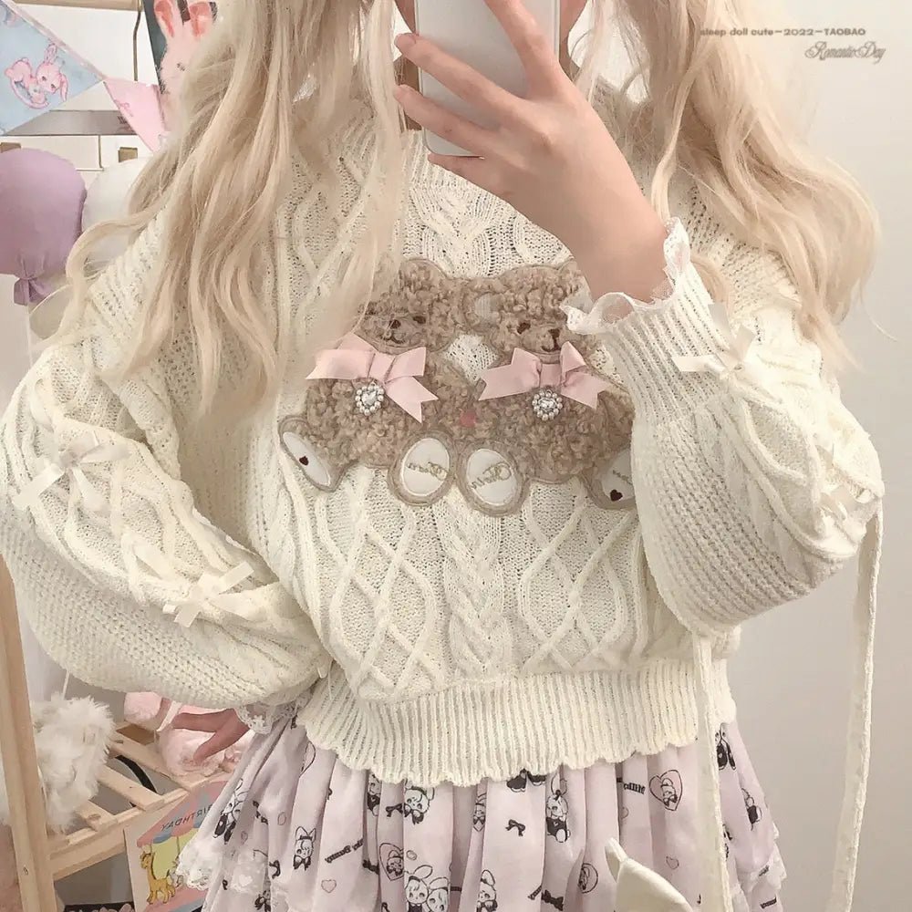 Vintage Teddy Bear Knit Sweater with Silk Ribbons and Pearl Details 58cm - Cosparty