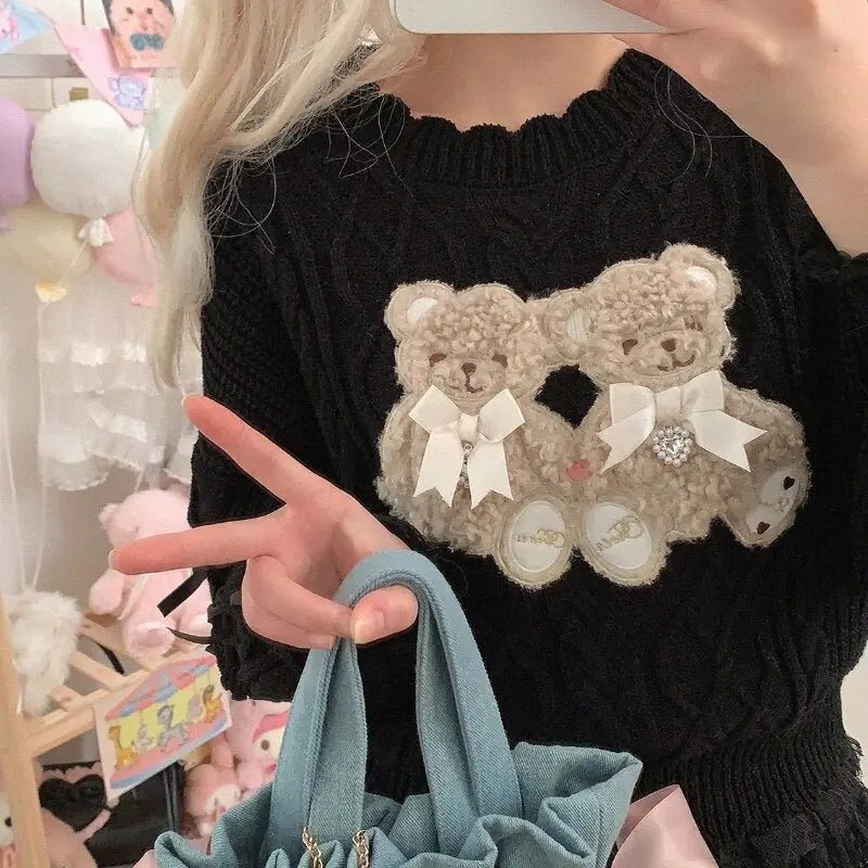 Vintage Teddy Bear Knit Sweater with Silk Ribbons and Pearl Details 58cm - Cosparty