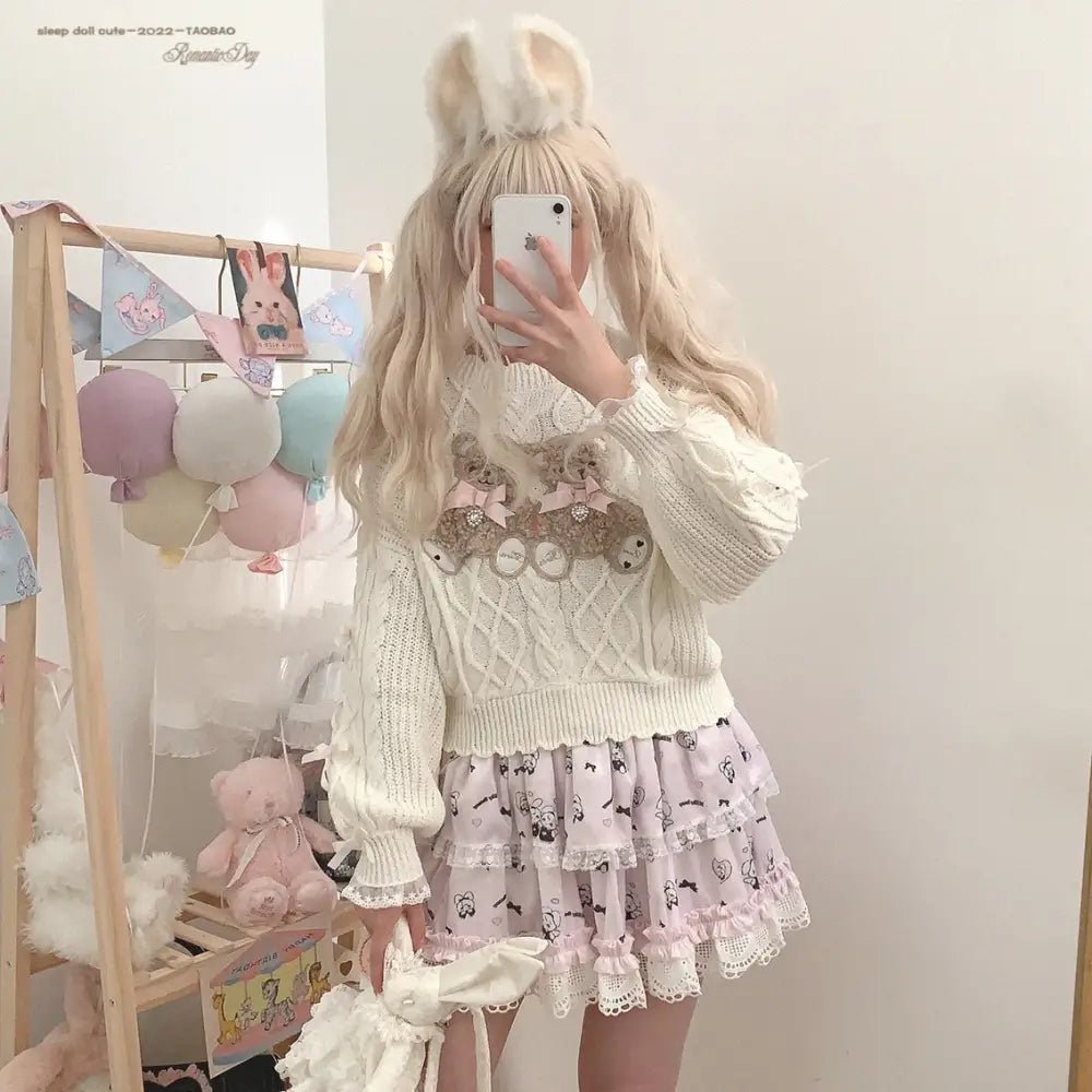 Vintage Teddy Bear Knit Sweater with Silk Ribbons and Pearl Details 58cm - Cosparty