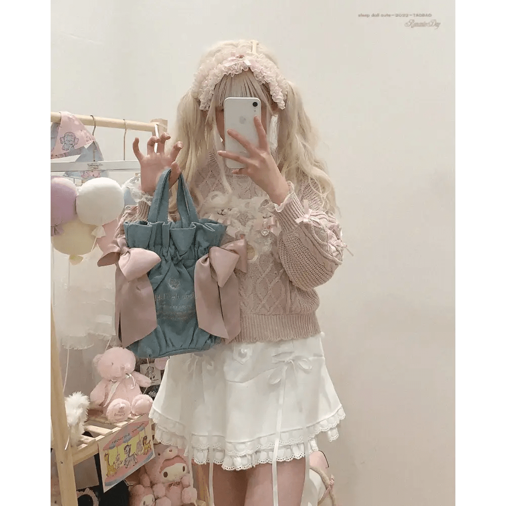 Vintage Teddy Bear Knit Sweater with Silk Ribbons and Pearl Details 58cm - Cosparty