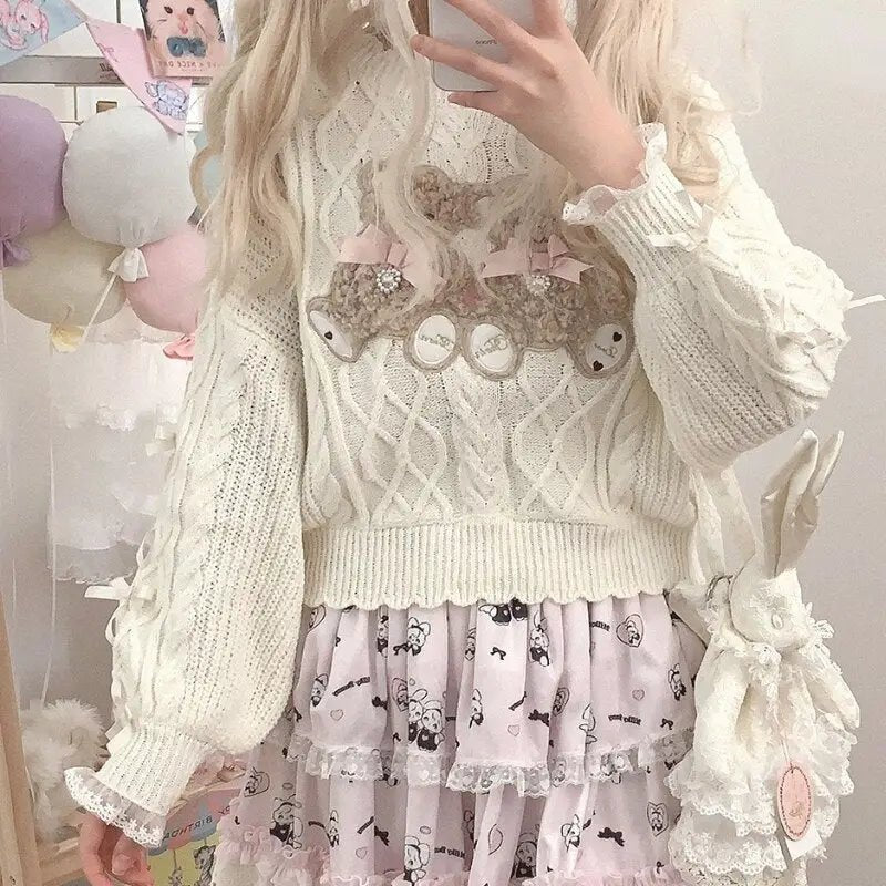 Vintage Teddy Bear Knit Sweater with Silk Ribbons and Pearl Details 58cm - Cosparty